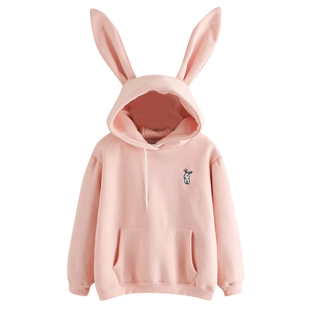 Harajuku Hoodies Women Long Sleeve Rabbit Embroidered Sweatshirt Pullover Autumn Lovely Rabbit Ears Jumper