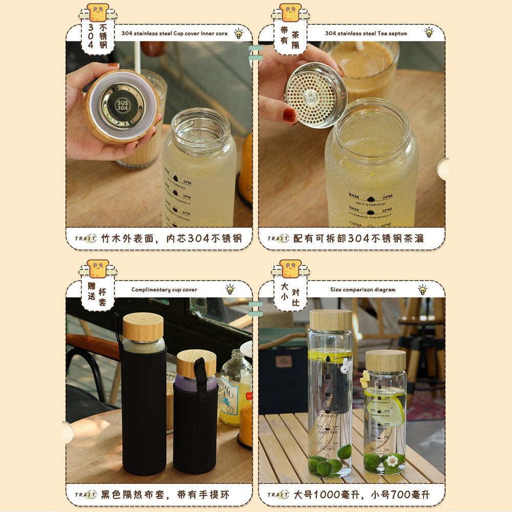 Simple and large capacity glass cup, high borosilicate bamboo lid, time scale, portable water cup, accompanying cup, single-layer floral tea cup