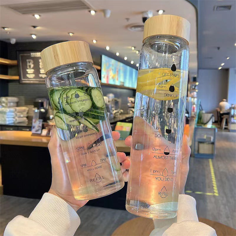 Simple and large capacity glass cup, high borosilicate bamboo lid, time scale, portable water cup, accompanying cup, single-layer floral tea cup