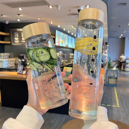Simple and large capacity glass cup, high borosilicate bamboo lid, time scale, portable water cup, accompanying cup, single-layer floral tea cup