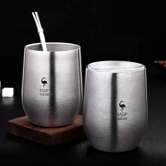 Stainless Steel Water Cup 304 Cup Office Small Tea Container Anti-Fall with Cover Double-Layer Anti-Scald Handy Coffee Cup Tea C